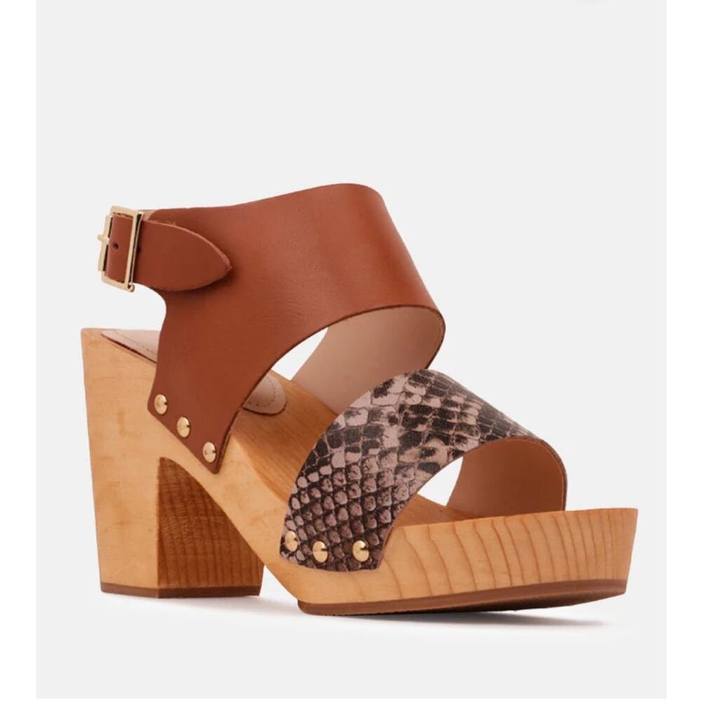 Rag & Co NWT Samara wooden clogs heel leather strap snake print boho summer 9